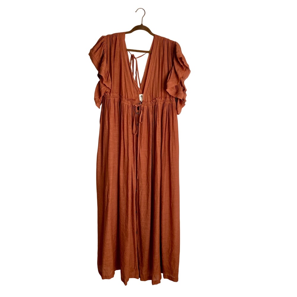 NWT Flawless Terracotta Rust Maxi Dress Large Boho Deep V Ruffle Sleeve Tiered